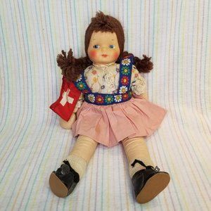 1940s Georgene Novelties International Cloth Doll Switzerland Swiss Girl Vintage